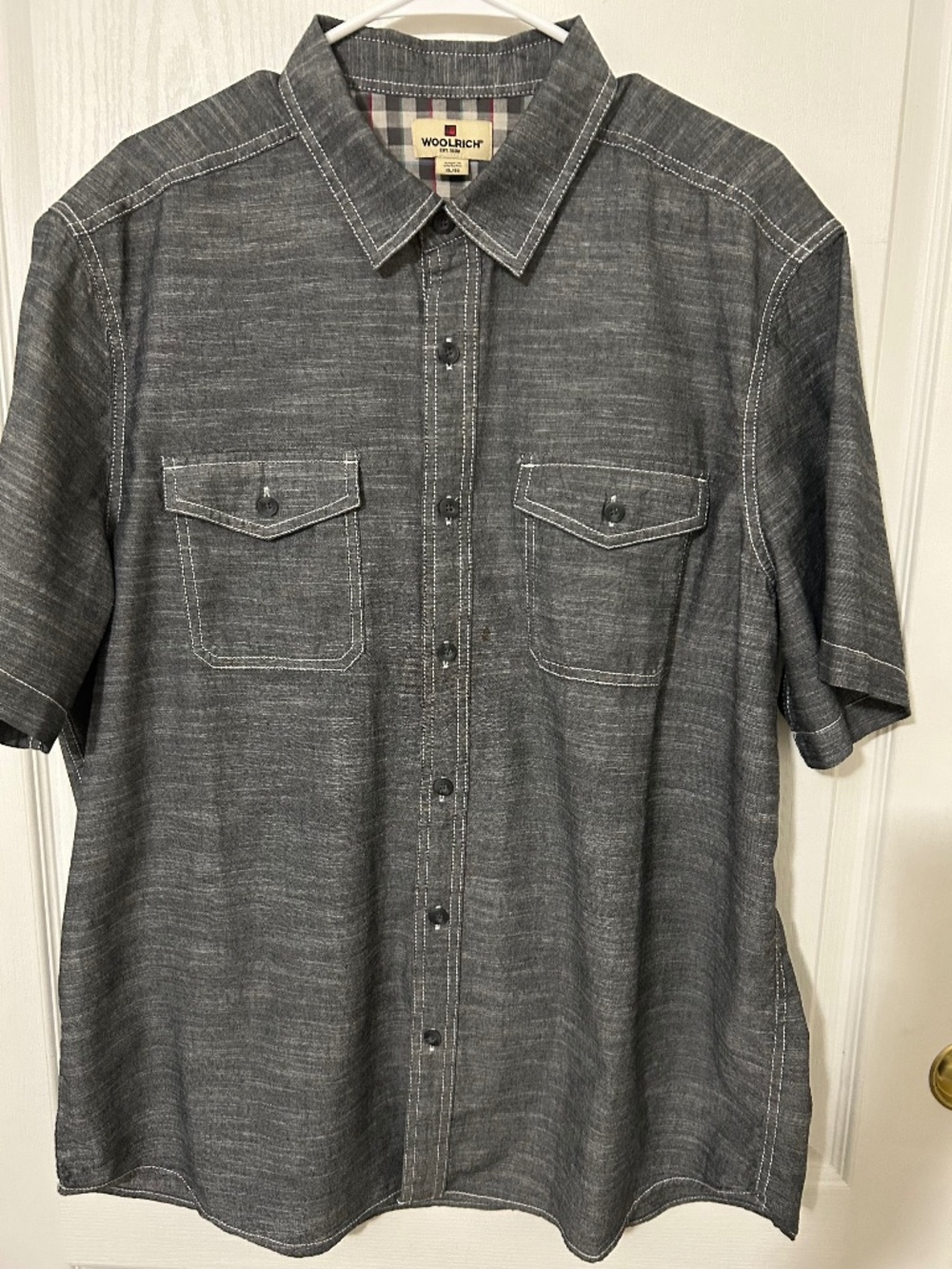 Woolrich Men's Short Sleeve Button Down Shirt Gray Size XL Contrast Stitching